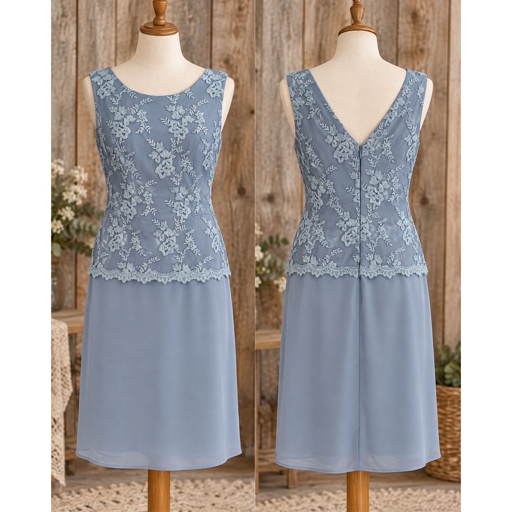 New Trend Dusty Blue Floral Lace Chiffon Sheath Dress Size 10 Mother of Bride